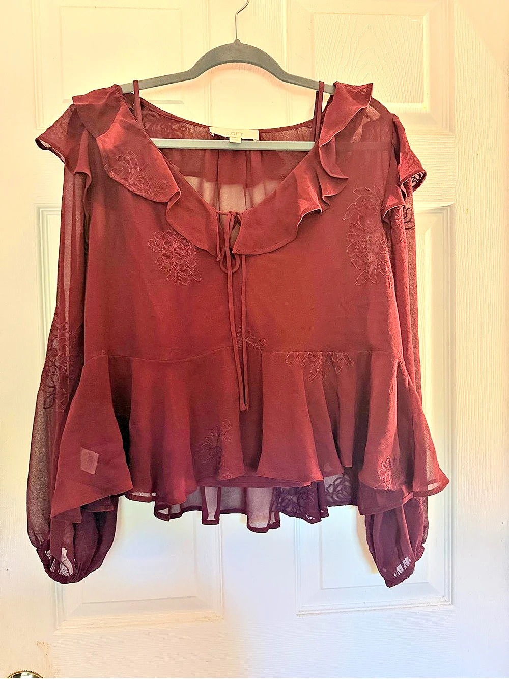 LOFT Ruffle Neck Embroidered Blouse in Burgundy Size Medium